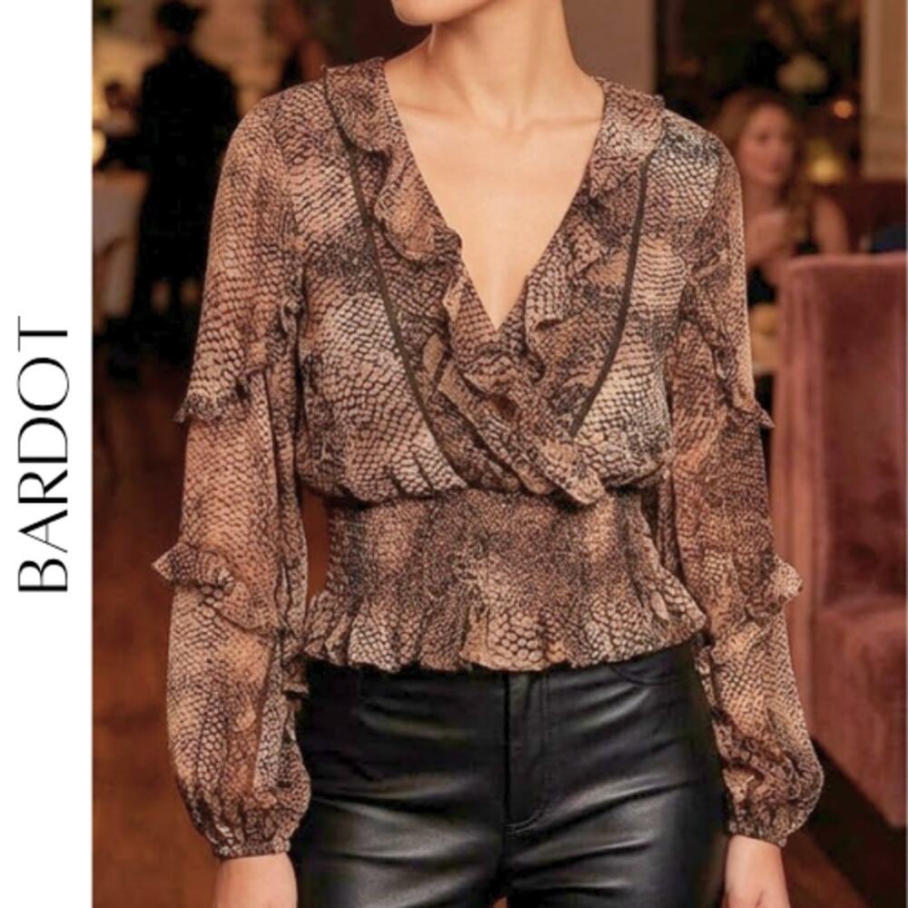 Bardot L Snake Print Ruffle Blouse – Statement Animal Print Top NWT
